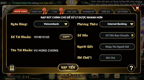 Hướng dẫn nạp tiền trực tiếp tại Hit52 Vin